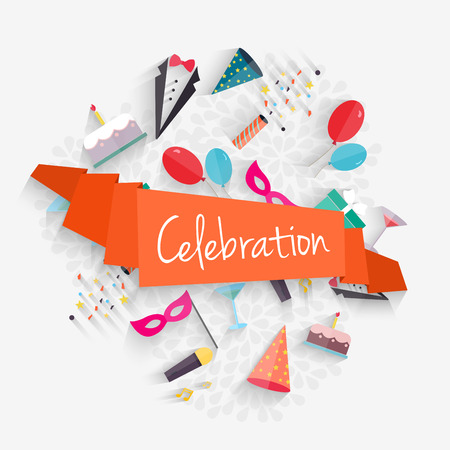 Celebration background with ribbon and party entertainment holiday elements.  Vector illustrationのイラスト素材