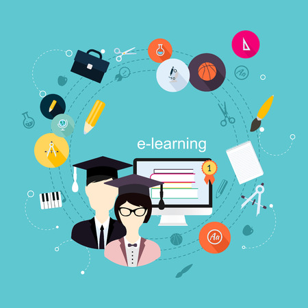 Education school university e-learning flat poster with monitor and icons set vector illustrationのイラスト素材
