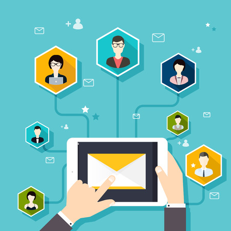 Marceting ñoncept of running email campaign, email advertising, direct digital marketing. Flat design style modern vector illustration concept.のイラスト素材