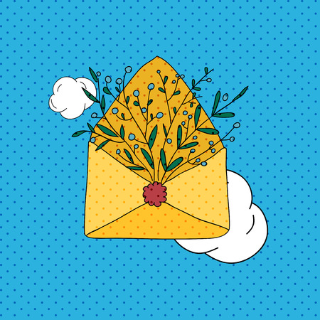 Mail. Comics pop art style blank layout template with clouds beams. Concept vector for web and mobile applications.のイラスト素材