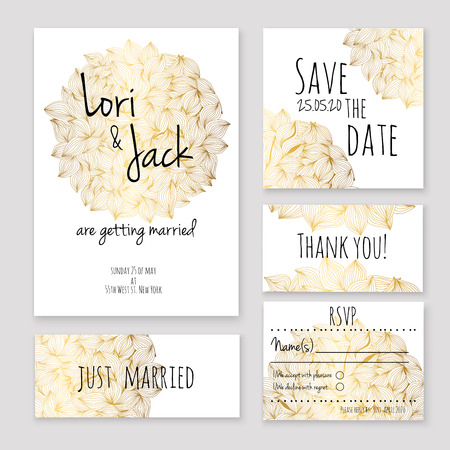 Wedding invitation card set. Thank you card, save the date cards, RSVP card, just married card.のイラスト素材