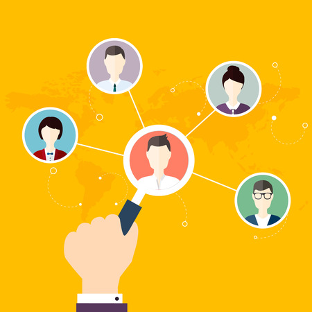 Social Network Vector Concept. Flat Design Illustration for Web Sites Infographic Design with human hand with loupe. Communication Systems and Technologies.のイラスト素材