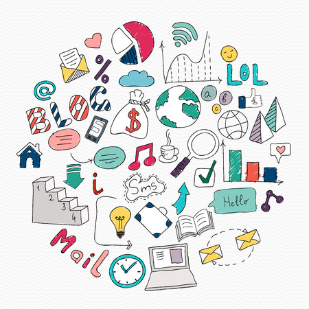 Hand drawn vector illustration of social media sign and symbol doodles elements.のイラスト素材