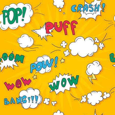 Comics pop art style pattern blank layout template with clouds beams. Concept vector for web and mobile applications.のイラスト素材