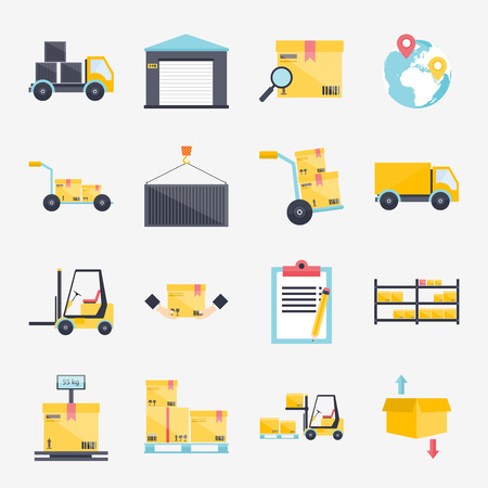 Set of flat warehouse icons logistic blank and transportation, storage vector illustration.