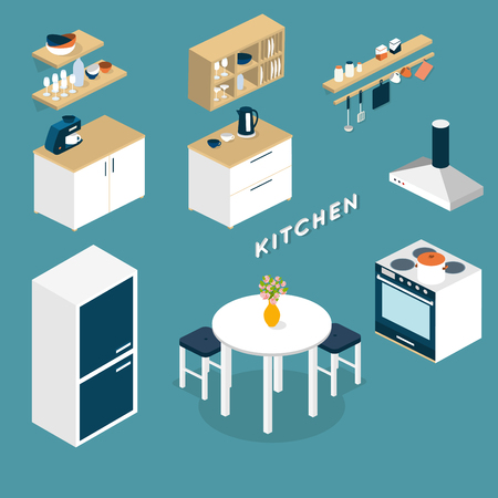 Vector isometric kitchen interior objects - 3D illustrationのイラスト素材