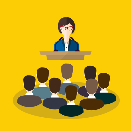 Business woman makes a speech on the podium. Business flat vector illustration.のイラスト素材