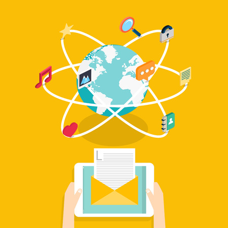 Marceting concept of running email campaign, email advertising, direct digital marketing.Social media flat 3d isometric pixel art modern design concept vector icons composition set. Desktop, chat, video, photo, music, phone, tablet. Flat web illustration のイラスト素材