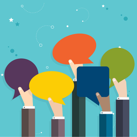 Business  people holding many carton speech bubbles. Business flat vector illustration.のイラスト素材