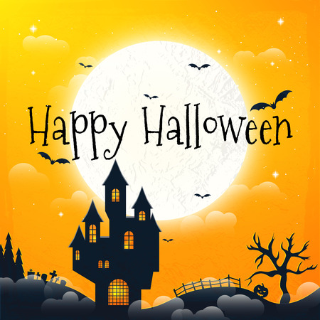 Dark house on blue full Moon. Happy Halloween. Vector illustrationのイラスト素材