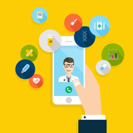 Vector modern creative flat design on hand holding mobile phone with medical assistance and doctor. Vector illustration.のイラスト素材
