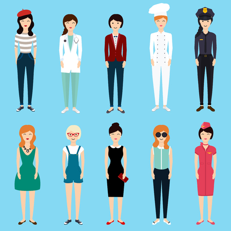 Set of colorful profession woman flat style: businesswoman, doctor, artist, designer, cook, police, teacher, stewardess, admin. Vector illustration.のイラスト素材
