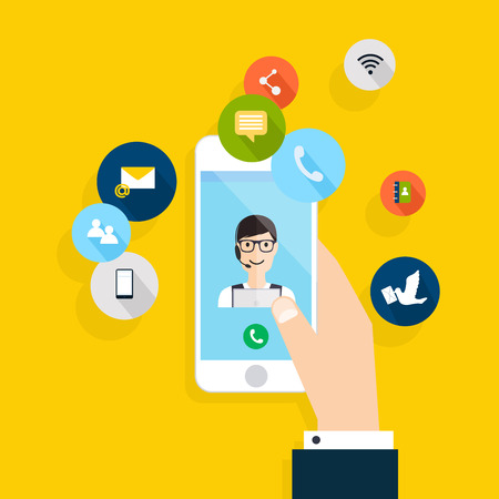 Vector modern creative flat design on hand holding mobile phone with online service. Vector illustration.のイラスト素材
