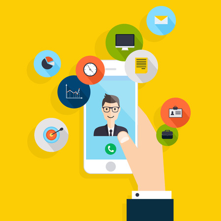 Vector modern creative flat design on hand holding mobile phone with business consultation service. Vector illustration.のイラスト素材