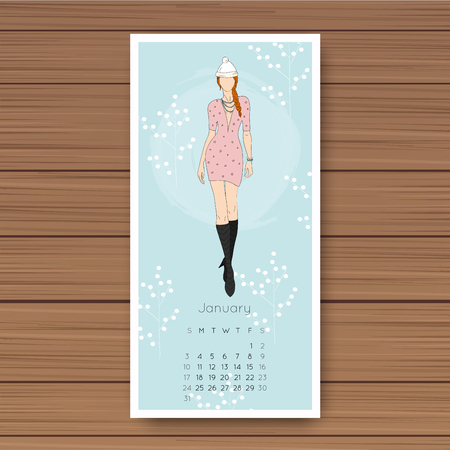 January. Hand drawn fashion models calendar 2016.のイラスト素材