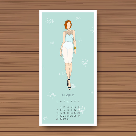 August. Hand drawn fashion models calendar 2016.のイラスト素材