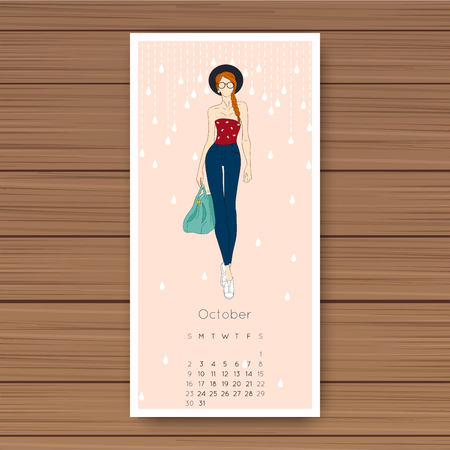 October. Hand drawn fashion models calendar 2016.のイラスト素材