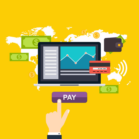 Online and mobile payments concept. Human hand finger pressing pay button on a  laptop with running payment app.のイラスト素材