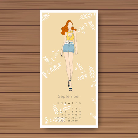 September. Hand drawn fashion models calendar 2016.のイラスト素材