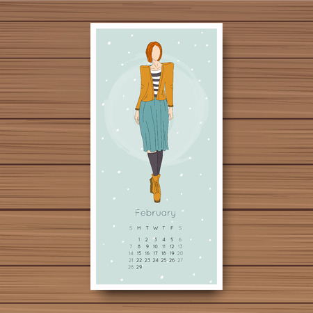 February. Hand drawn fashion models calendar 2016.のイラスト素材