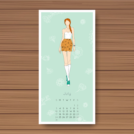 July. Hand drawn fashion models calendar 2016.のイラスト素材