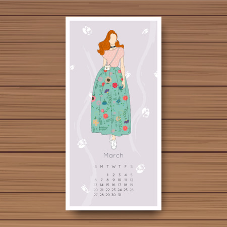March. Hand drawn fashion models calendar 2016.のイラスト素材