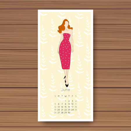June. Hand drawn fashion models calendar 2016.のイラスト素材