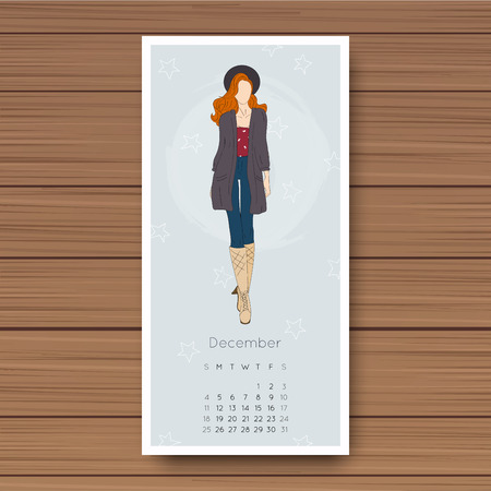 December. Hand drawn fashion models calendar 2016.のイラスト素材