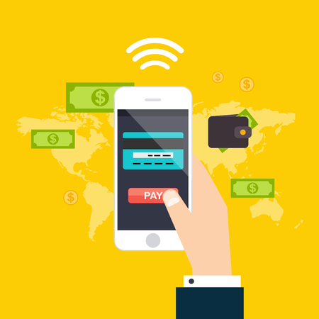 Online and mobile payments concept. Human hand finger pressing pay button on a phone with running payment app.のイラスト素材
