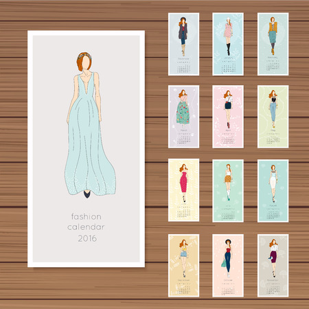 Hand drawn fashion models calendar 2016. Each month girl in a new image.のイラスト素材