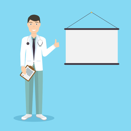 Professional medical male doctor character giving medical presentation with copy space for text. Healthcare.のイラスト素材