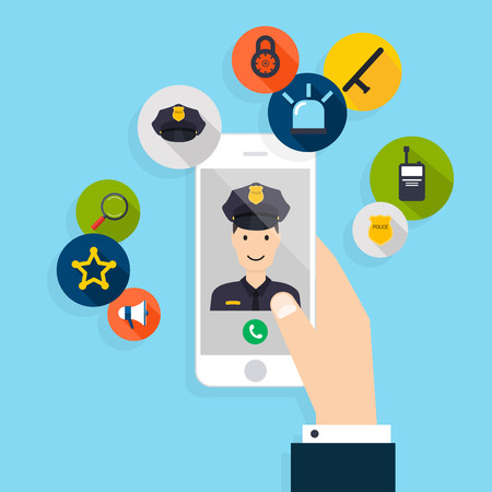 Emergency call. modern creative flat design on hand holding mobile phone with police call.のイラスト素材