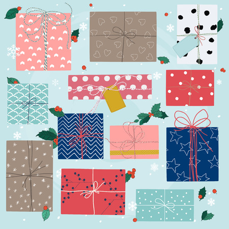 Merry Christmas greeting cards. Colorful gifts on snowy background.のイラスト素材