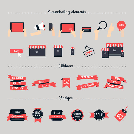 Online shopping, e-marketing, e-comerce, online shop development concept. Flat design style modern illustration.のイラスト素材