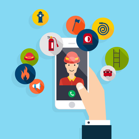Emergency call. modern creative flat design on hand holding cellphone with fire call.のイラスト素材