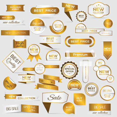 Collection of golden premium promo seals/stickers. isolated illustrationのイラスト素材