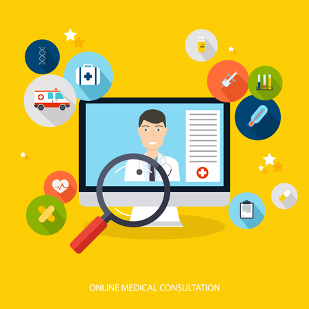 Online medical consultation concept. Vector modern creative flat design on computer with medical assistance and doctor. Vector illustration.のイラスト素材