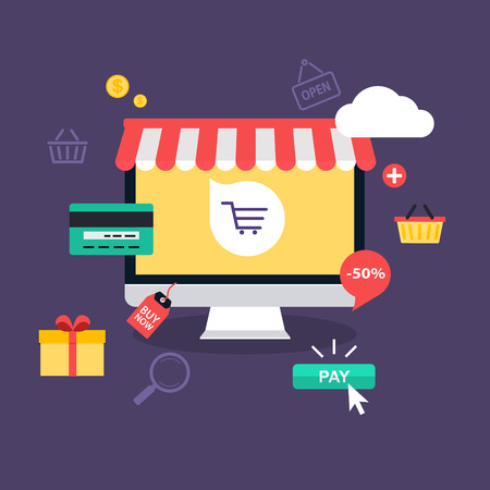 E-commerce, electronic business, online shopping, payment, delivery, shipping process, sales. Infographic concept vector.のイラスト素材