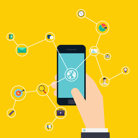 Internet of Things concept. Business icons. Hand holding a smartphone, revealing a net of wireless controlled devices. Business Control by smartphone. Vector flat illustration.のイラスト素材