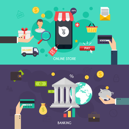 Flat banners set of bisines idea, banking system and finance elements. Flat design style modern vector illustration concept.のイラスト素材