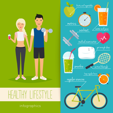 Concept of healthy lifestyle infographics. Young man and woman lead a healthy lifestyle. Icons for web: fitness, healthy food and metrics. Flat design vector illustration.のイラスト素材