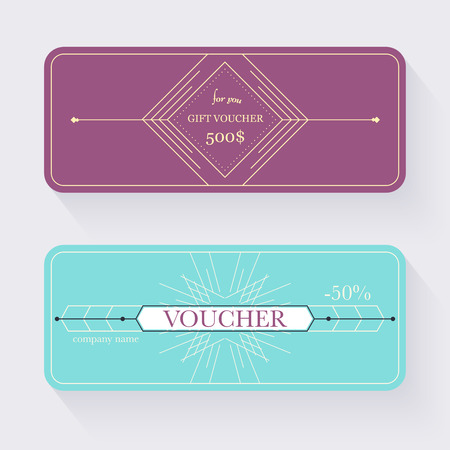 Gift voucher template. Gift certificate. Background design gift coupon, voucher, certificate, invitation, currency. Collection gift certificate. Vector illustration.のイラスト素材