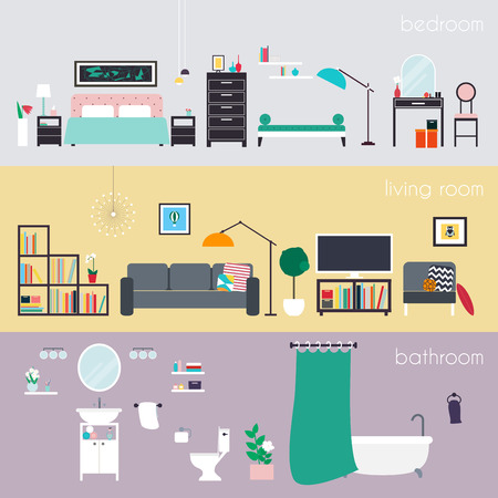 Set of colorful vector interior design house rooms with furniture icons: living room, bedroom and bathroom. Furniture and Home Accessories. Flat style vector illustration.のイラスト素材