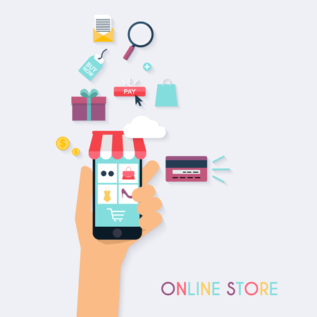 Concept online shopping and e-commerce. Icons for mobile marketing. Hand holding smart phone. Flat design style modern vector illustration concept.のイラスト素材