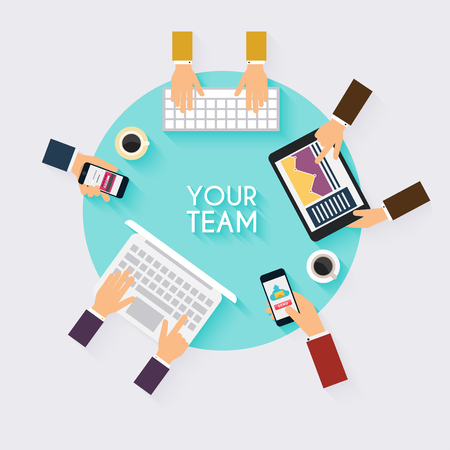 Business teamwork. Creative team desktop top view with tablets, stationery and people working together. Business meeting and brainstorming. Flat design.のイラスト素材