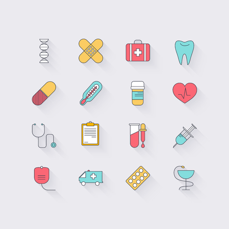 Line icons set in flat design. Elements of medicine, health, hospital, immune system analysis, genetics, diagnostic equipment, medical tools. Modern infographic linear vector illustration.のイラスト素材