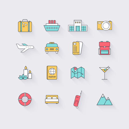 Line icons set in flat design. Elements of Vacation, Travel, Hotel services, Transport and Location. Modern infographic linear vector illustration.のイラスト素材