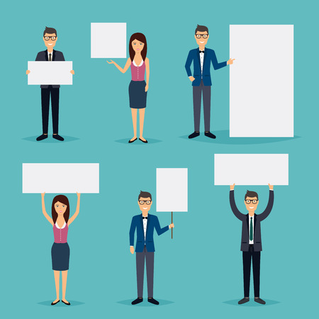 Business people giving presentation with white empty banners. Business flat vector illustration.のイラスト素材