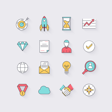 Line icons set in flat design. Elements of business, startup, time management, team work and globalization. Modern infographic linear vector illustration.のイラスト素材