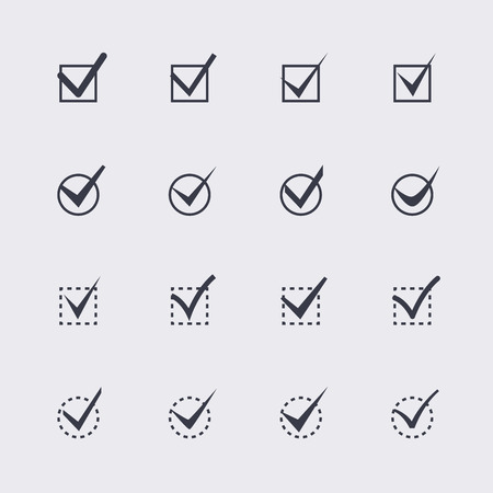 Set of nine different grey and white vector check marks or ticks in boxes conceptual of confirmation acceptance positive passed voting agreement true or completion of tasks on a listのイラスト素材